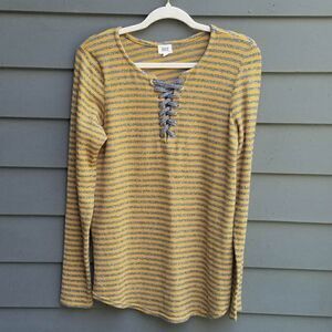 BKE Gray and Gold Stripe Lace Up Sweater Size Medium